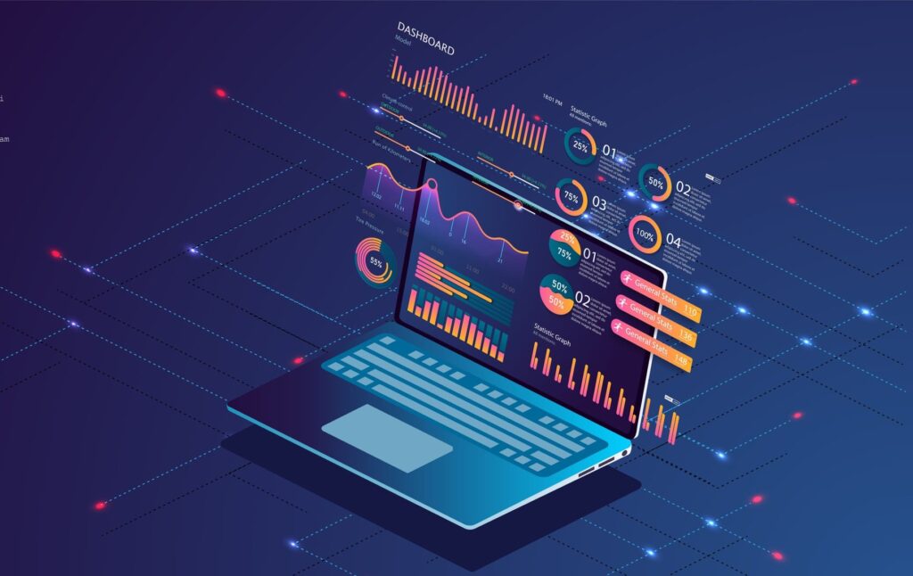 Notebook com painéis e gráficos de monitoramento